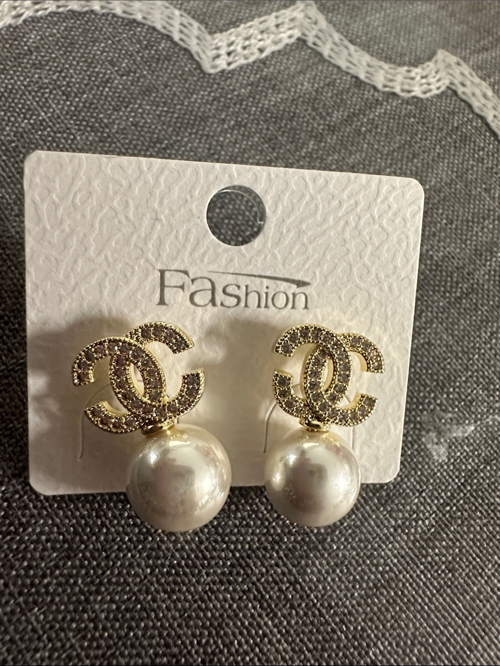 CC Boutique Gold Double-C Pearl Drop Earrings